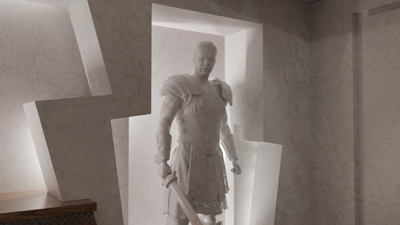Frame from the LITTLEFILM 2025 showreel: a marble warrior statue in a niche